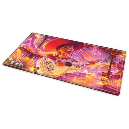 Disney Lorcana Hyperia City playmat featuring Miguel playing guitar from Coco, playmat angled view