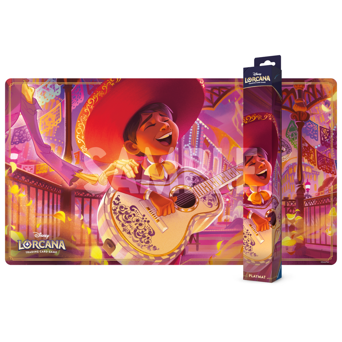 Disney Lorcana Hyperia City playmat featuring Miguel playing guitar from Coco, playmat and retail packaging