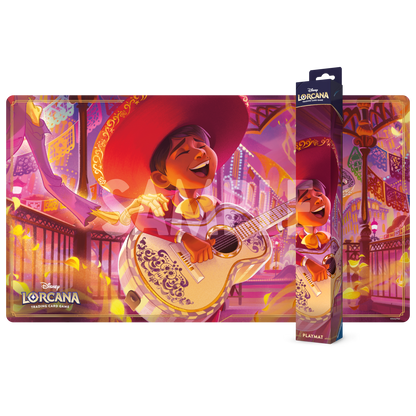 Disney Lorcana Hyperia City playmat featuring Miguel playing guitar from Coco, playmat and retail packaging