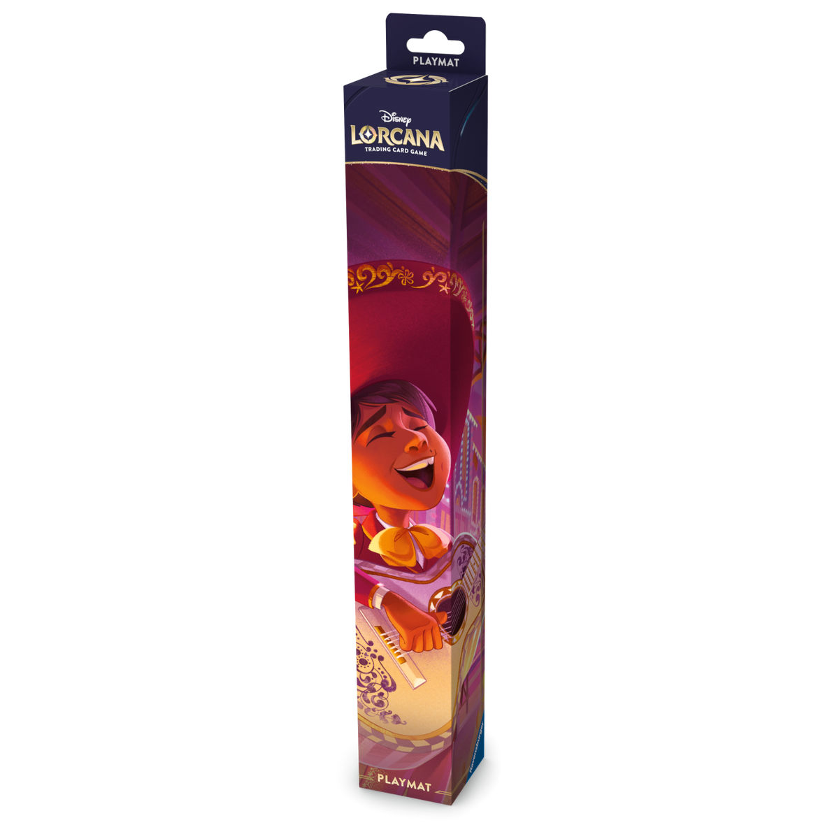 Disney Lorcana Hyperia City playmat featuring Miguel playing guitar from Coco, packaging front angled view