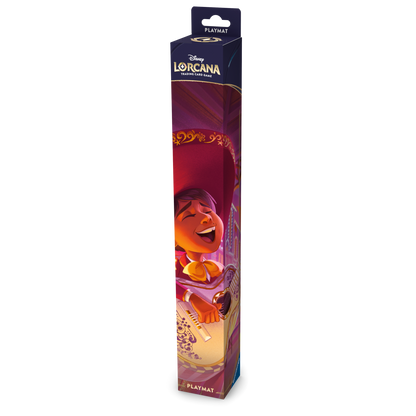 Disney Lorcana Hyperia City playmat featuring Miguel playing guitar from Coco, packaging front angled view