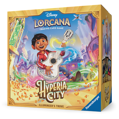 Disney Lorcana Hyperia City Illumineer’s Trove outer box front angled view