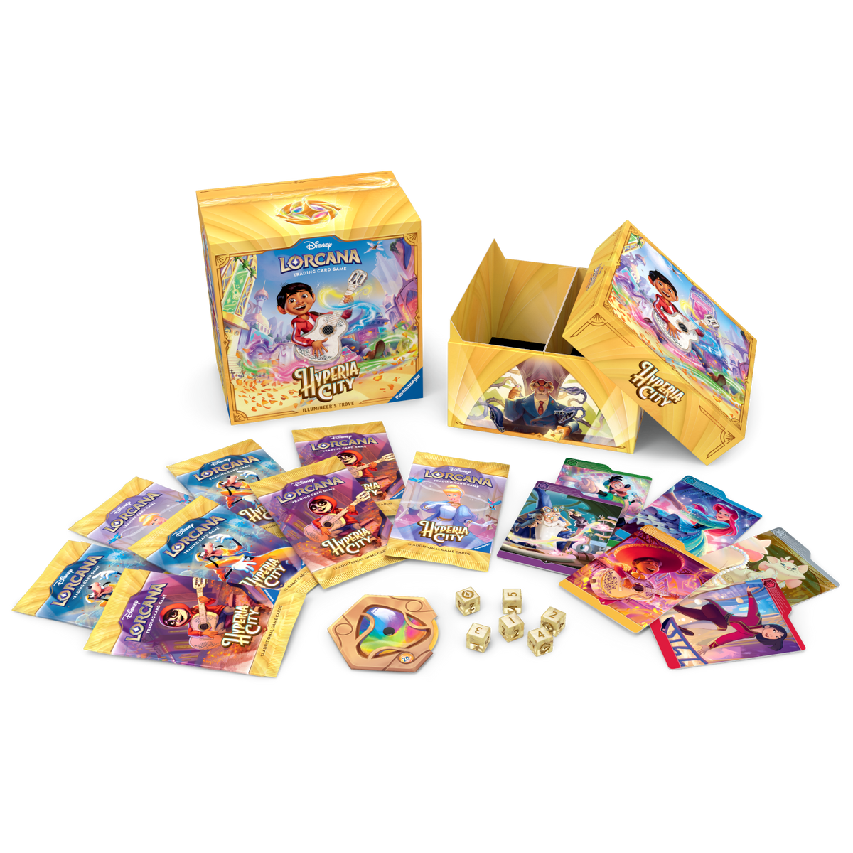 Disney Lorcana Hyperia City Illumineer’s Trove contents laid out