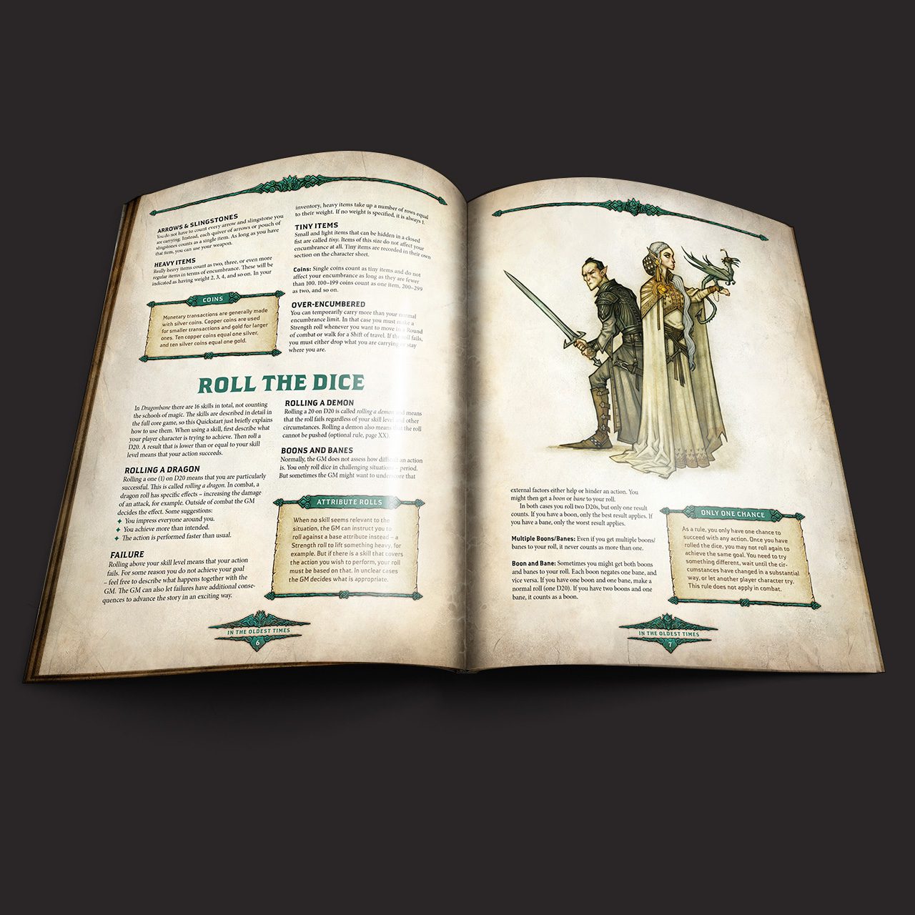 Dragonbane Core Set interior rules and artwork spread 2