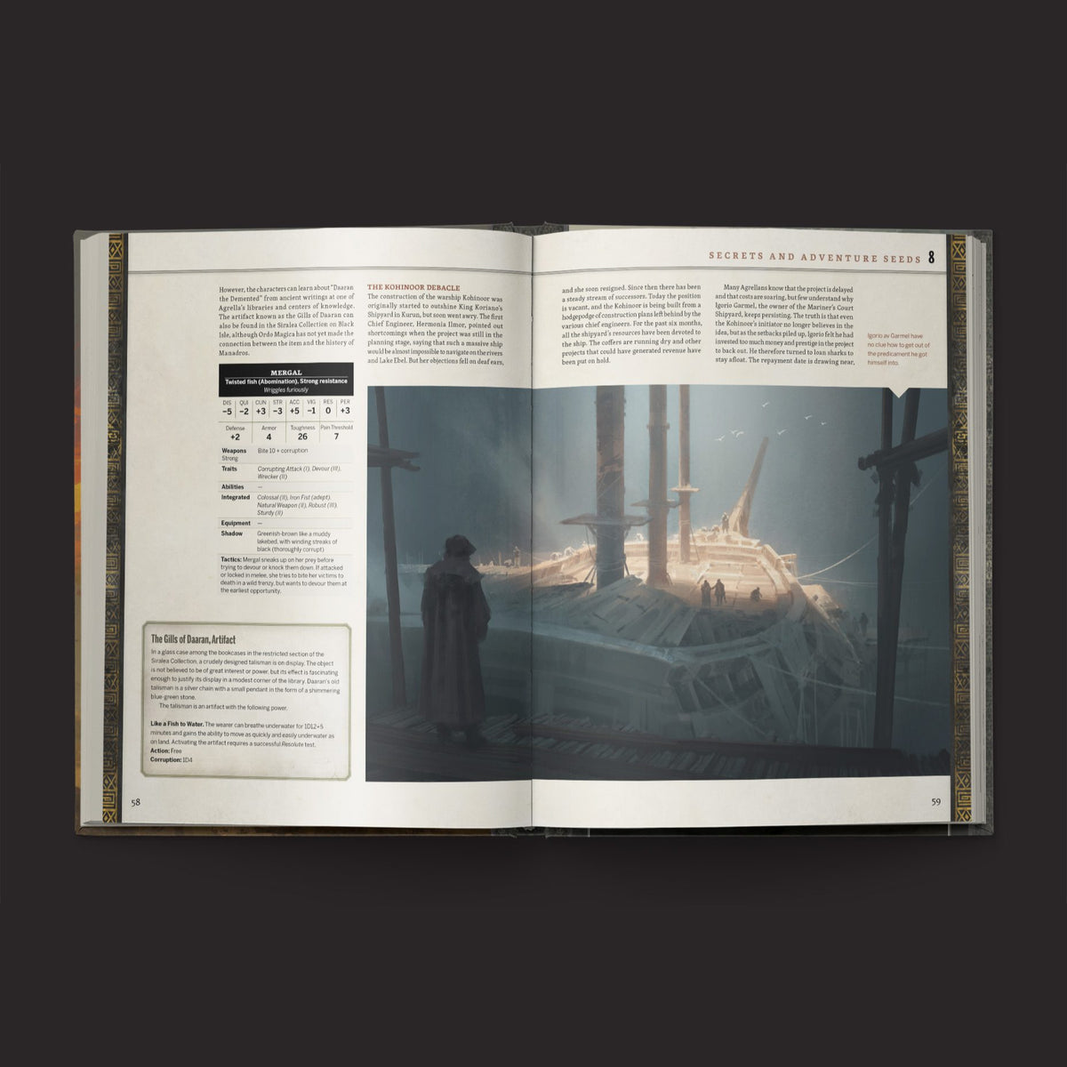 Symbaroum RPG, Agrella, City of Eternal Euphoria interior rules and artwork spread 3