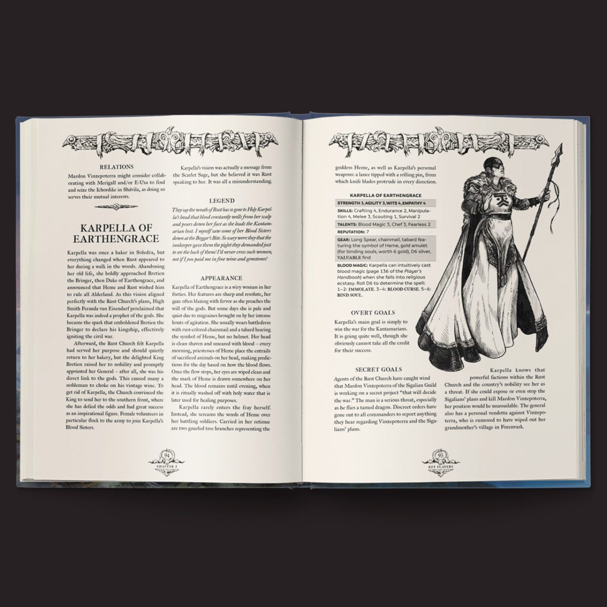 Forbidden Lands RPG Alderland illustrated kingdom setting spread