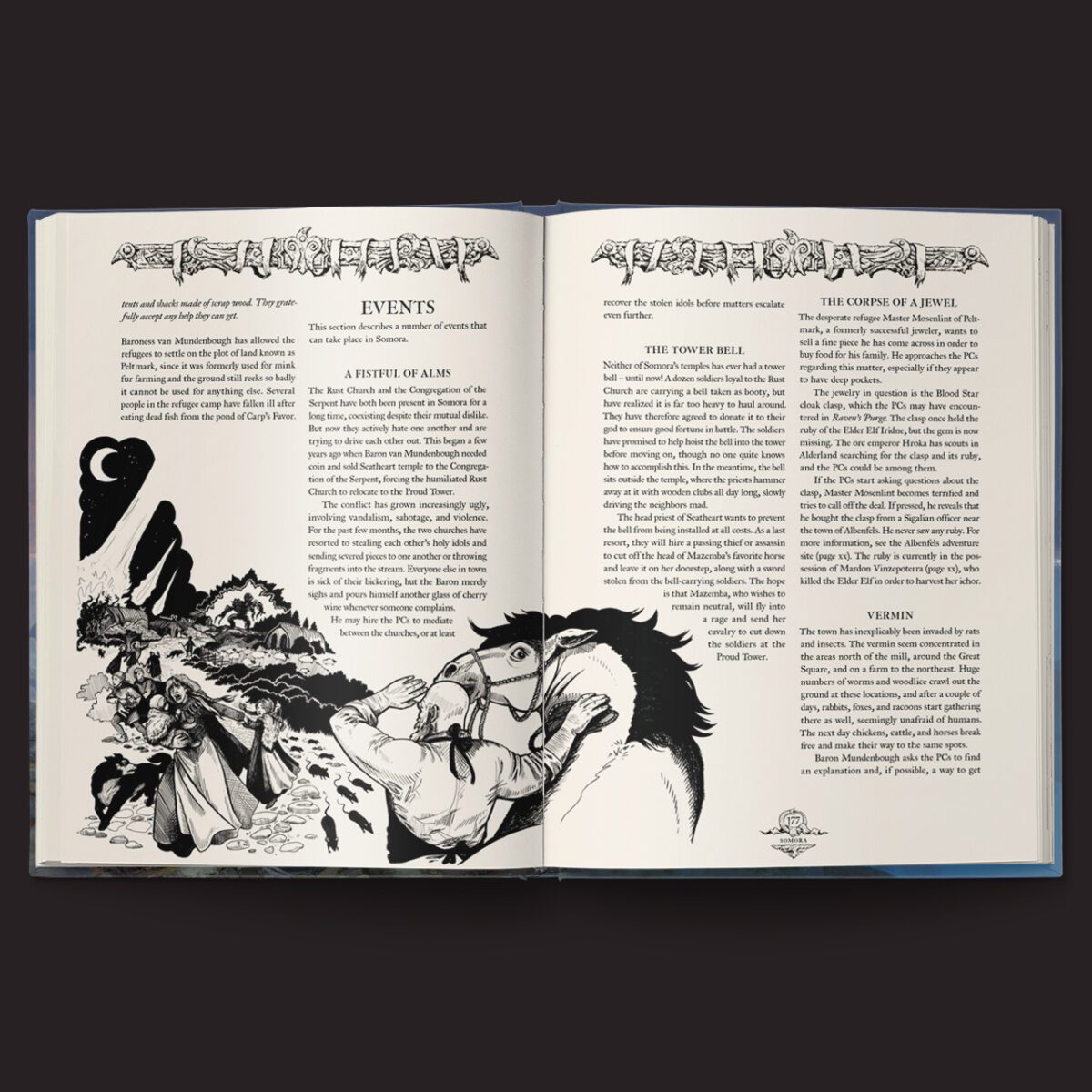 Forbidden Lands RPG Alderland interior rules and artwork spread