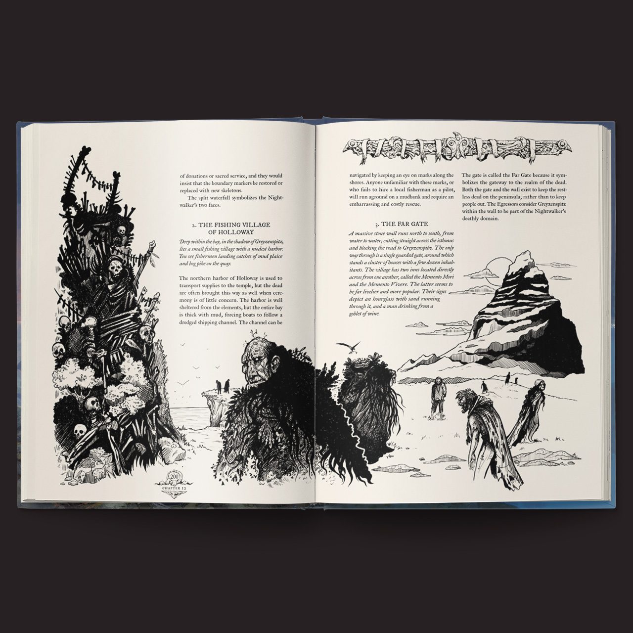 Forbidden Lands RPG Alderland interior spread with campaign artwork and setting text