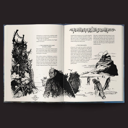 Forbidden Lands RPG Alderland interior spread with campaign artwork and setting text