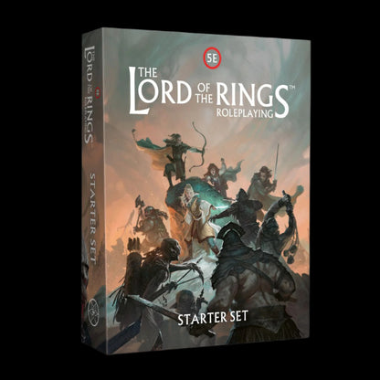 Boxed set of The Lord Of The Rings Roleplaying 5E Starter Set featuring illustrated fantasy characters and settings.
