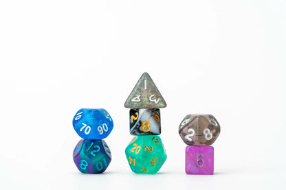 Assorted mini polyhedral dice for tabletop roleplaying games