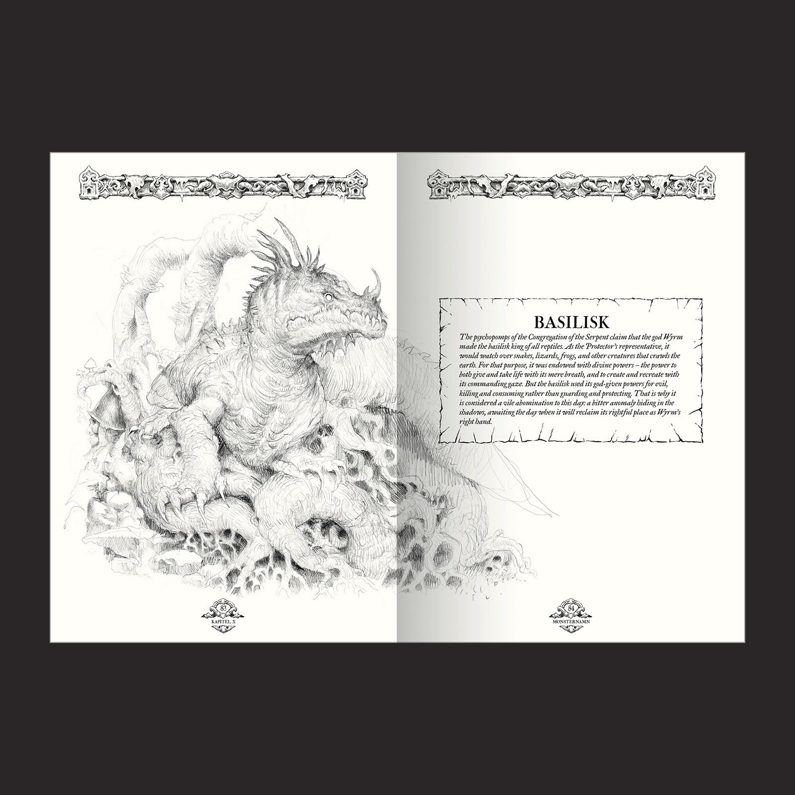 Forbidden Lands RPG, Book of Beasts interior page spread 1 to 1