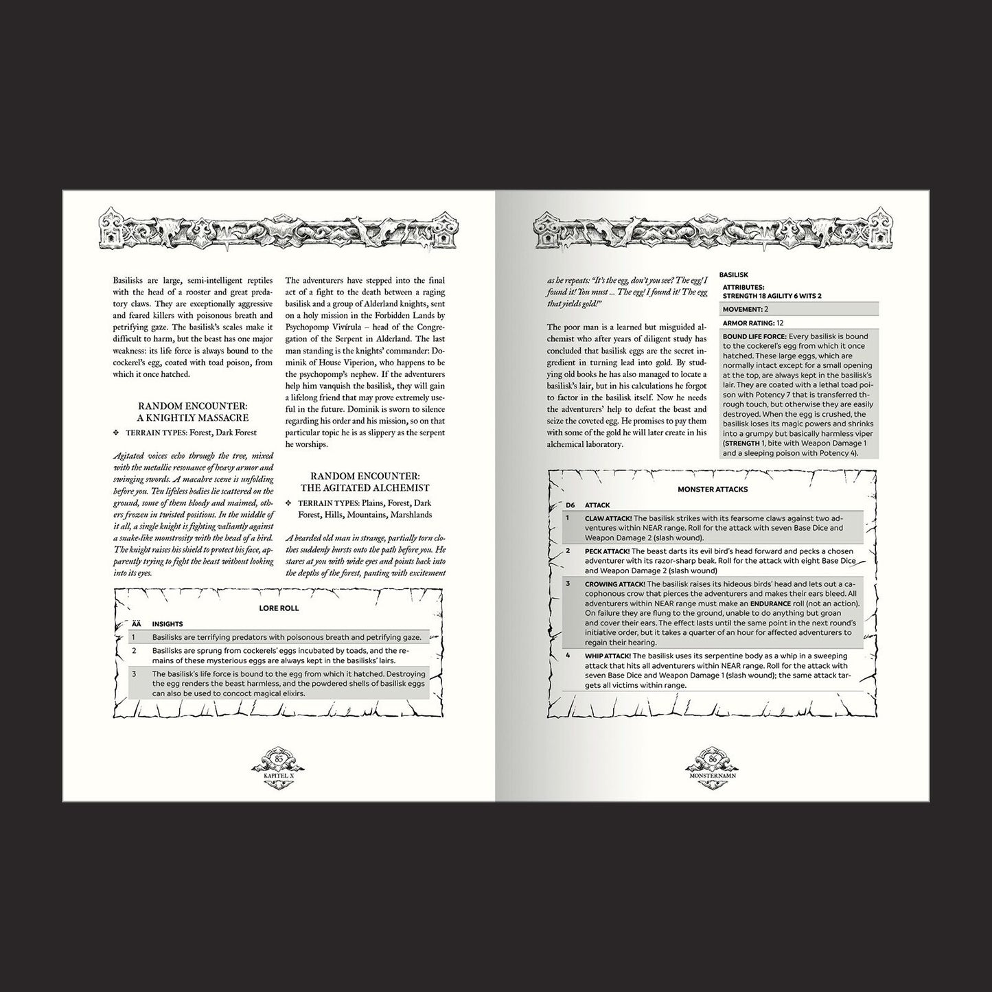 Forbidden Lands RPG, Book of Beasts interior rules and artwork spread 2