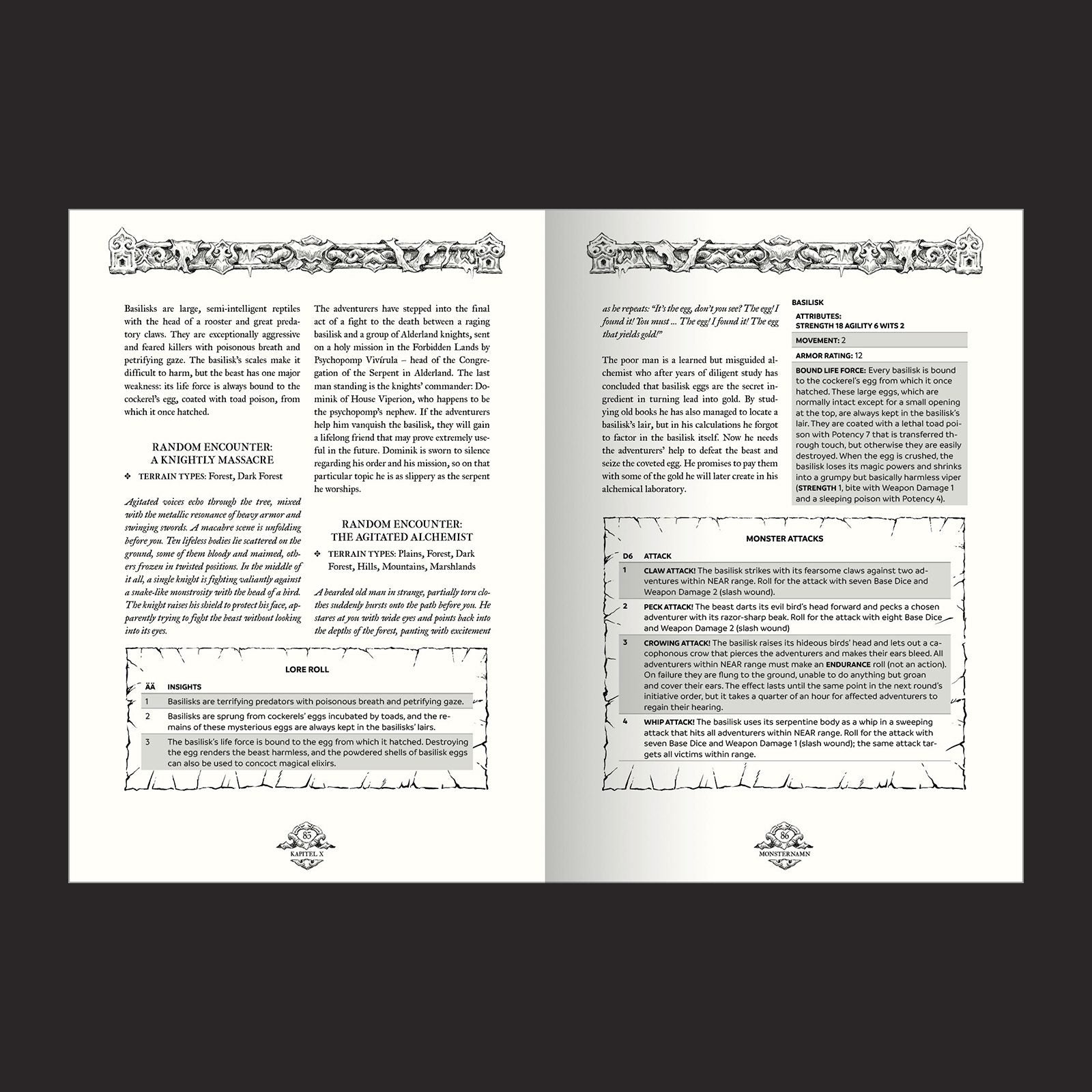 Forbidden Lands RPG, Book of Beasts interior rules and artwork spread 2