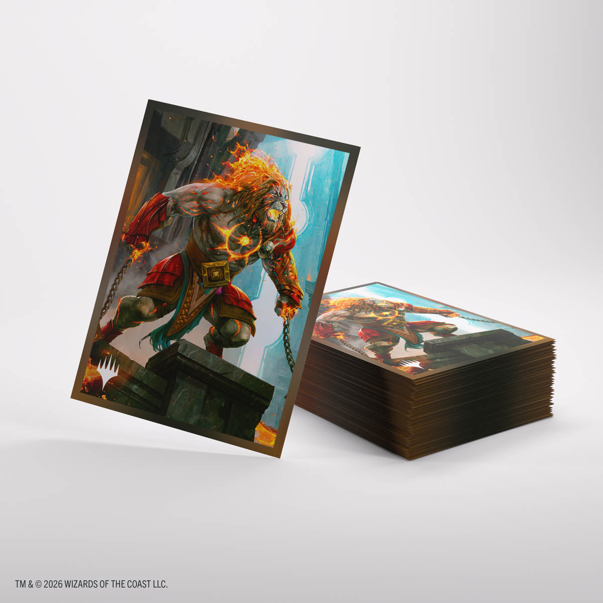 MTG Reality Fracture Premium Art Sleeves - Ajani Path of Vengeance sleeve and stack of sleeves