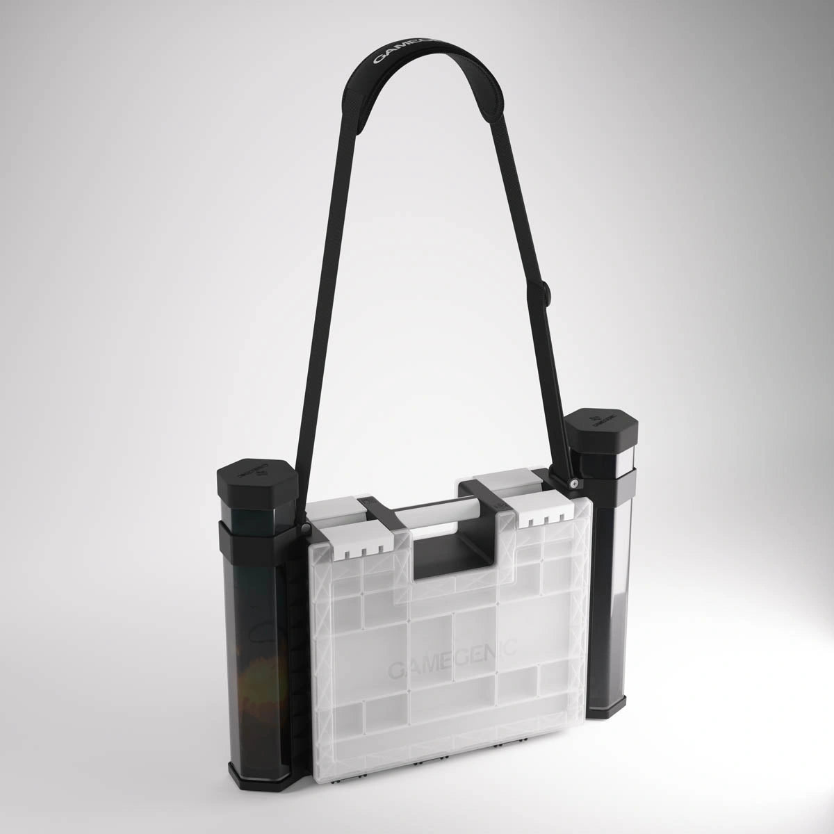 Two black Tube Holders attached to a Game Castle with shoulder strap