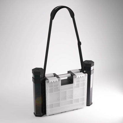 Two black Tube Holders attached to a Game Castle with shoulder strap