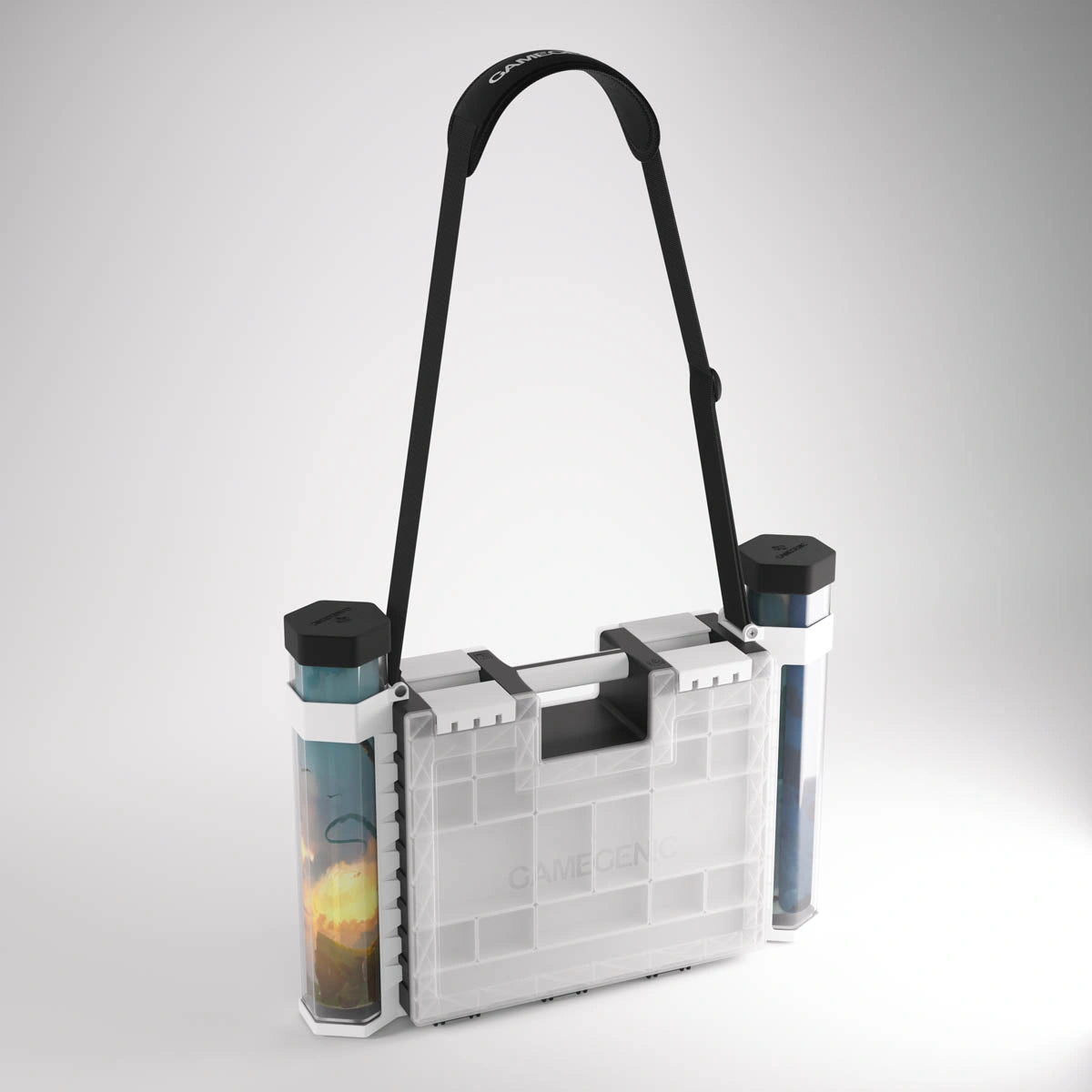 Two white Tube Holders attached to a Game Castle with shoulder strap