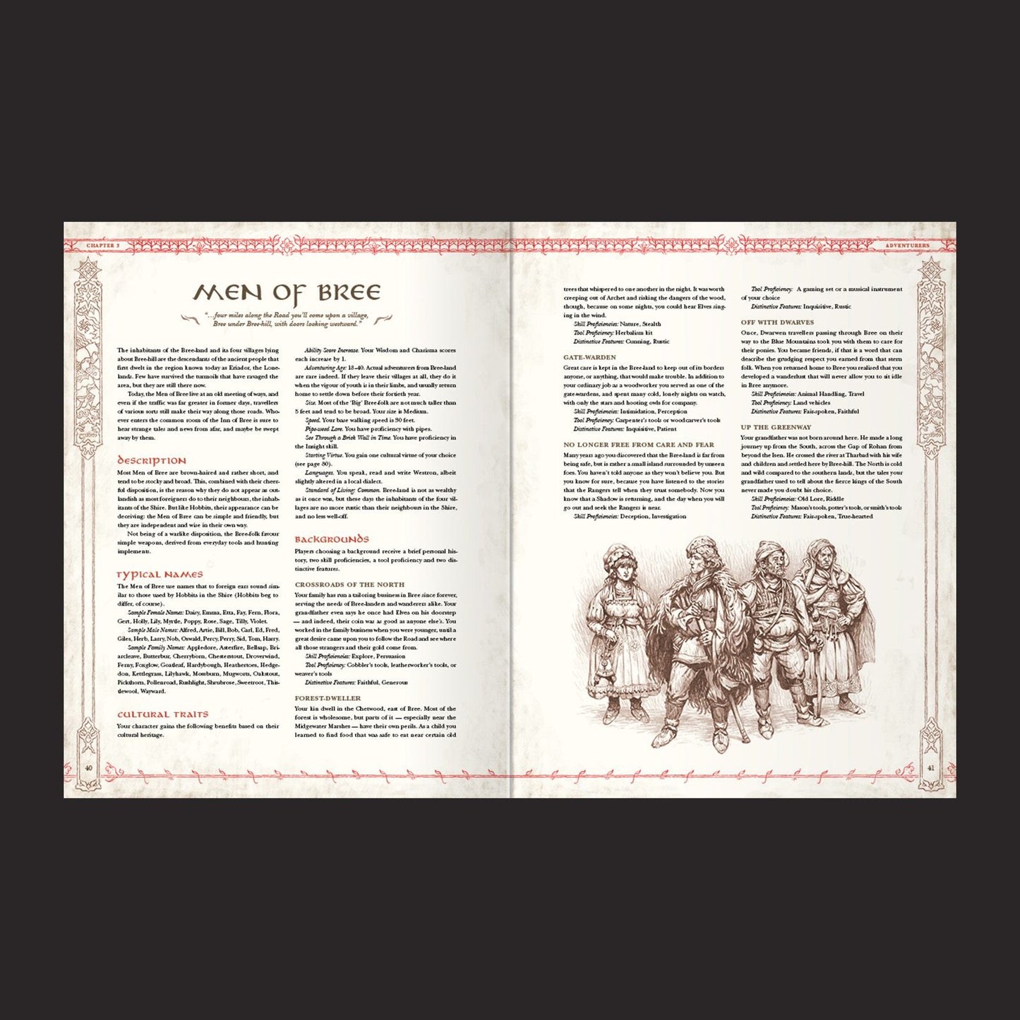 The Lord of the Rings RPG 5e, Core Rulebook interior rules and artwork spread 1
