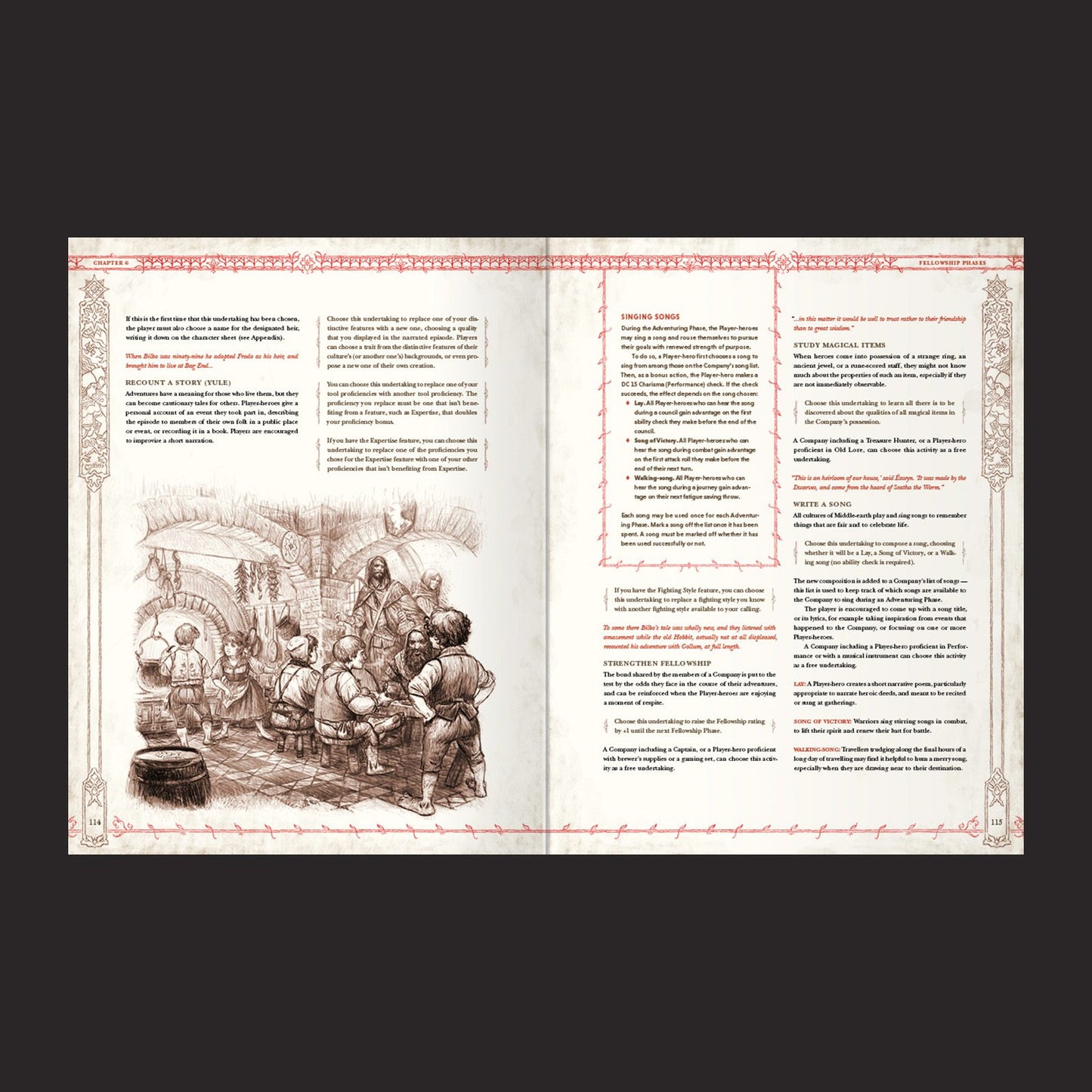 The Lord of the Rings RPG 5e, Core Rulebook interior rules and artwork spread 3