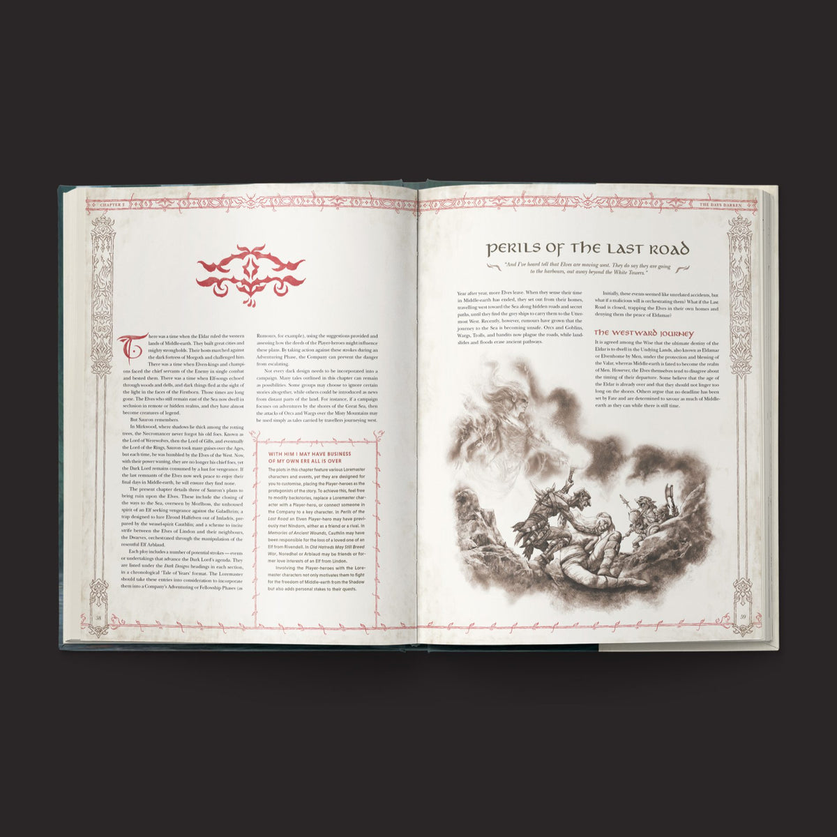 The Lord of the Rings RPG 5e, Keepers of the Elven-rings interior rules and artwork spread 2