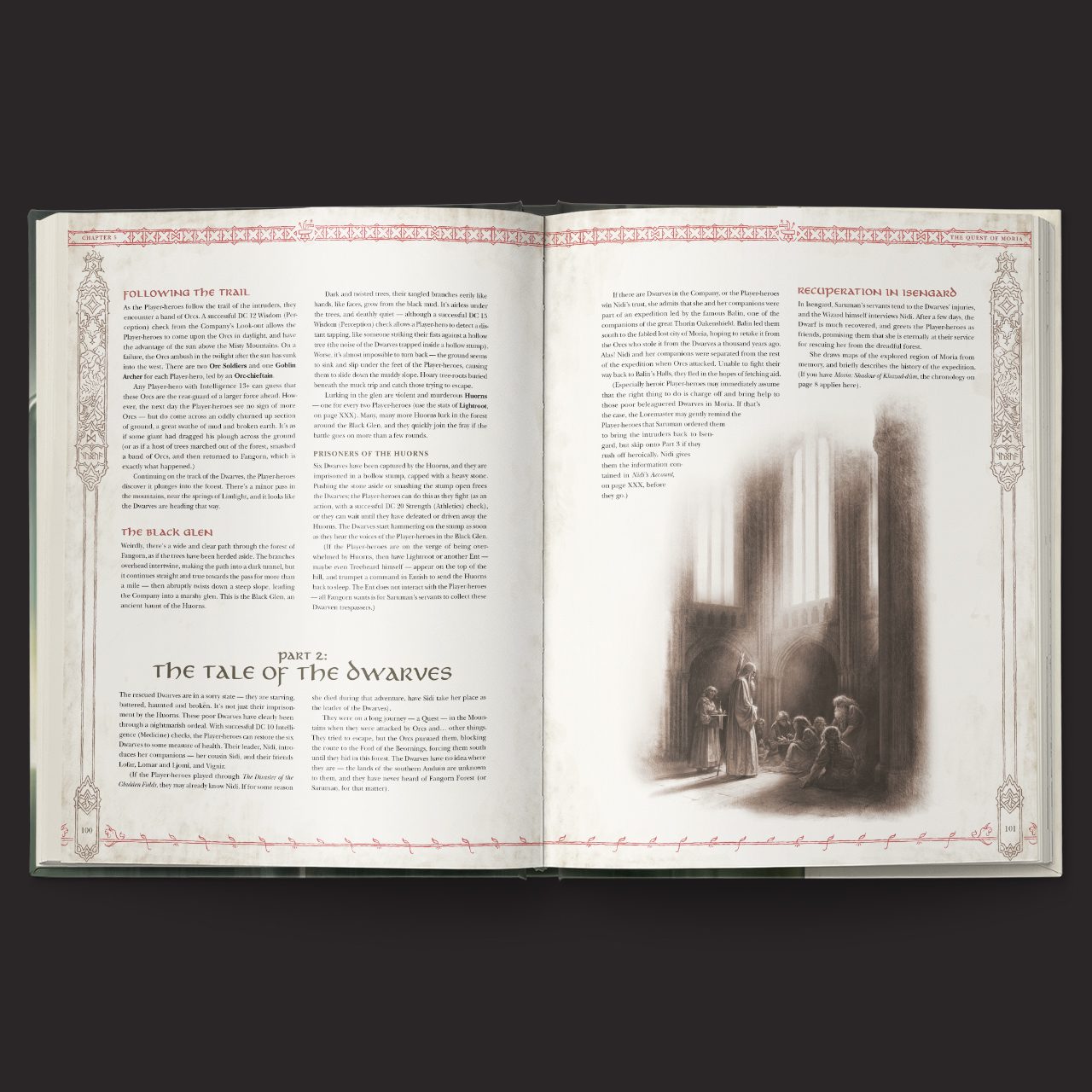 The Lord of the Rings RPG 5e, Trials of Saruman interior rules and artwork spread 5