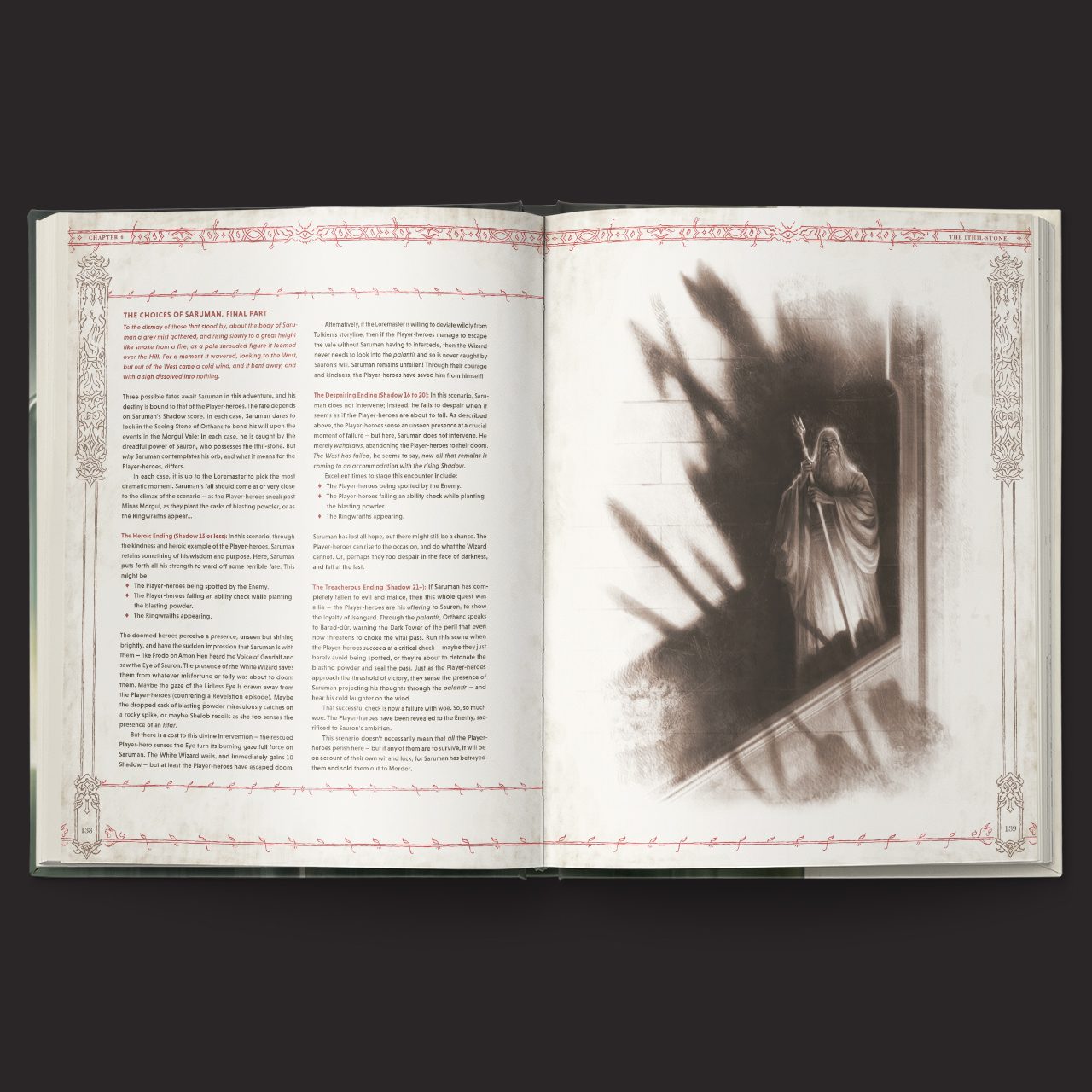 The Lord of the Rings RPG 5e, Trials of Saruman interior rules and artwork spread 6