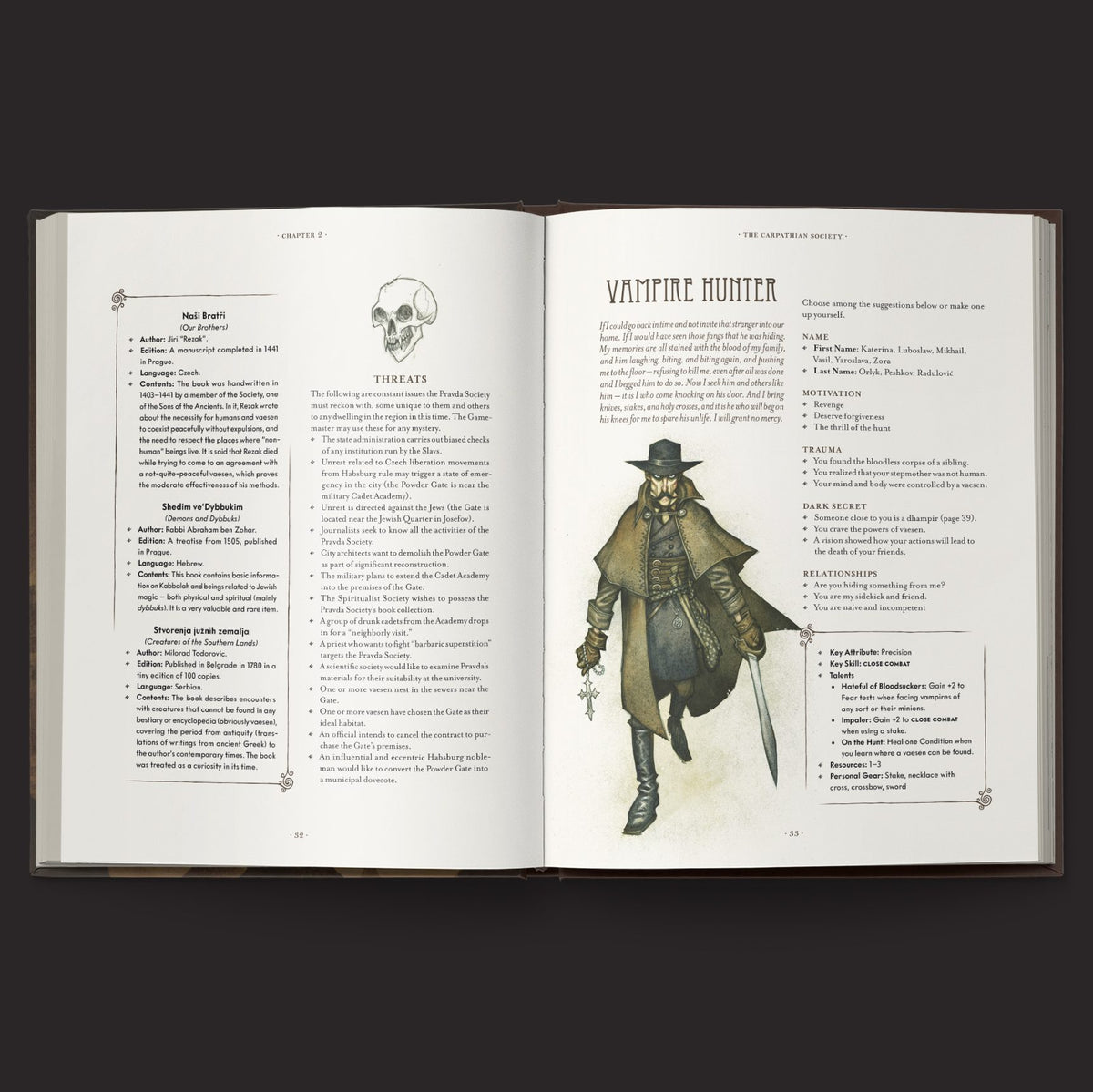 Vaesen Mythic Carpathia interior rules and artwork spread 1