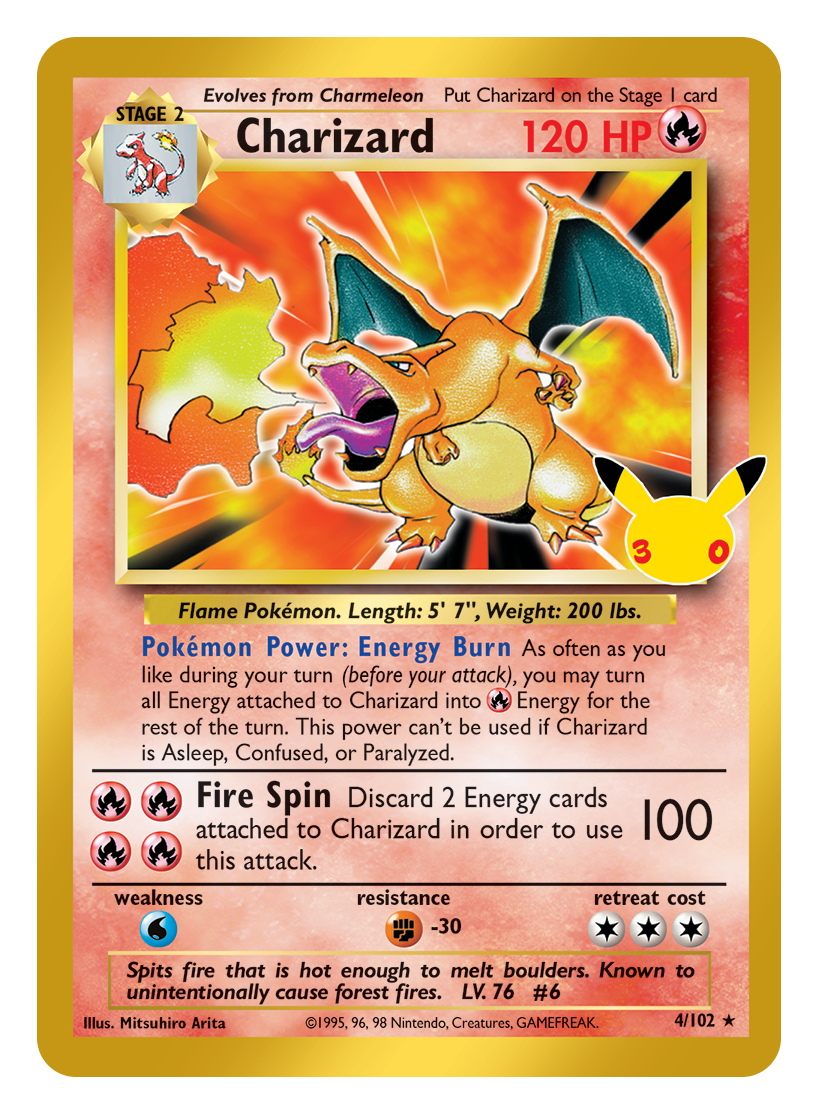 Pokémon TCG 30th Celebration Charizard card artwork shown with Pokémon TCG 30th Celebration 5 Booster Tin
