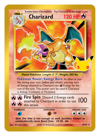 Pokémon TCG 30th Celebration Charizard card artwork shown with Pokémon TCG 30th Celebration 5 Booster Tin