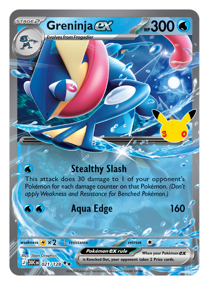 Pokémon TCG 30th Celebration Greninja ex card artwork shown with Pokémon TCG 30th Celebration 5 Booster Tin