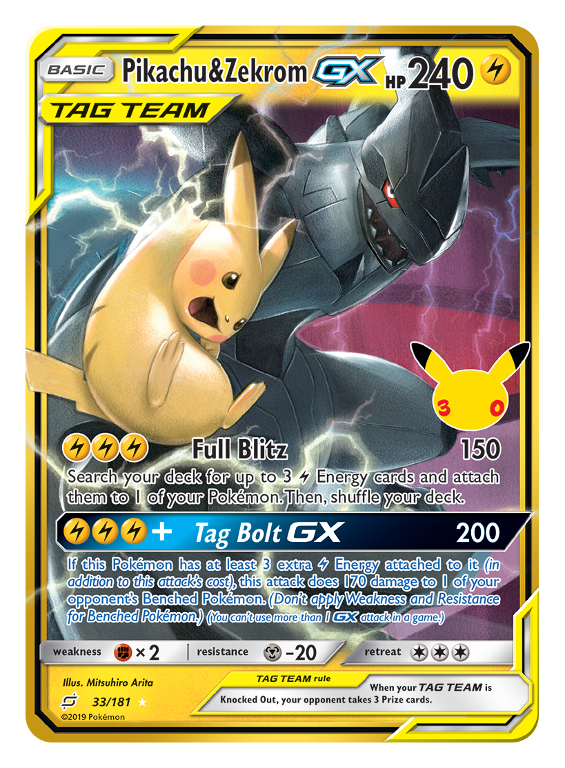 Pokémon TCG 30th Celebration Pikachu and Zekrom GX card artwork shown with Pokémon TCG 30th Celebration 5 Booster Tin