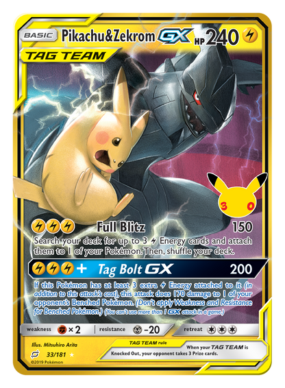 Pokémon TCG 30th Celebration Pikachu and Zekrom GX card artwork shown with Pokémon TCG 30th Celebration 5 Booster Tin