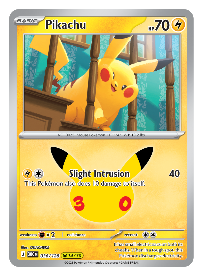 Pokémon TCG 30th Celebration Pikachu card artwork shown with Pokémon TCG 30th Celebration 5 Booster Tin