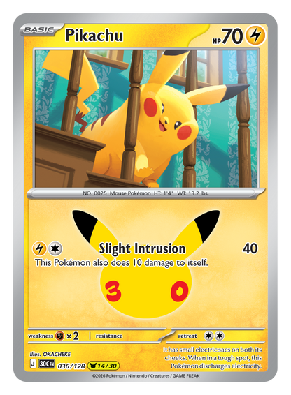 Pokémon TCG 30th Celebration Pikachu card artwork shown with Pokémon TCG 30th Celebration 5 Booster Tin