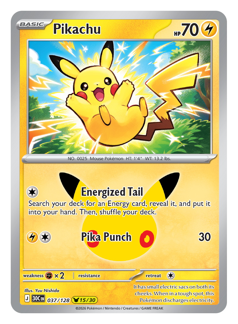 Pokémon TCG 30th Celebration Pikachu card artwork shown with Pokémon TCG 30th Celebration 5 Booster Tin
