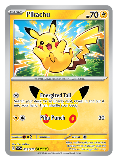 Pokémon TCG 30th Celebration Pikachu card artwork shown with Pokémon TCG 30th Celebration 5 Booster Tin