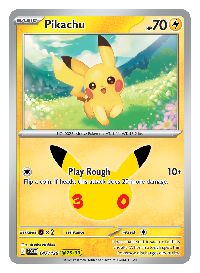 Pokémon TCG 30th Celebration Pikachu card artwork shown with Pokémon TCG 30th Celebration 5 Booster Tin