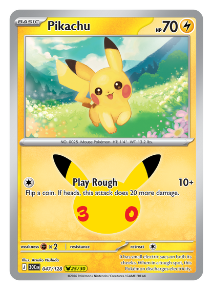 Pokémon TCG 30th Celebration Pikachu card artwork shown with Pokémon TCG 30th Celebration 5 Booster Tin