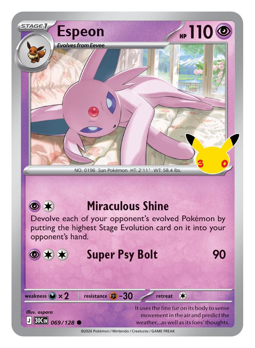 Pokémon TCG 30th Celebration Espeon card artwork shown with Pokémon TCG 30th Celebration 5 Booster Tin