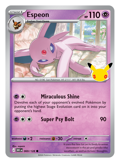 Pokémon TCG 30th Celebration Espeon card artwork shown with Pokémon TCG 30th Celebration 5 Booster Tin