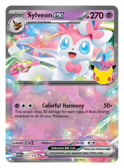 Pokémon TCG 30th Celebration Sylveon ex card artwork shown with Pokémon TCG 30th Celebration 5 Booster Tin