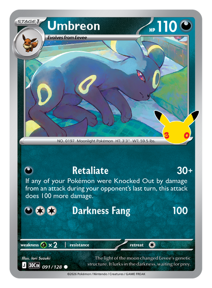 Pokémon TCG 30th Celebration Umbreon card artwork shown with Pokémon TCG 30th Celebration 5 Booster Tin