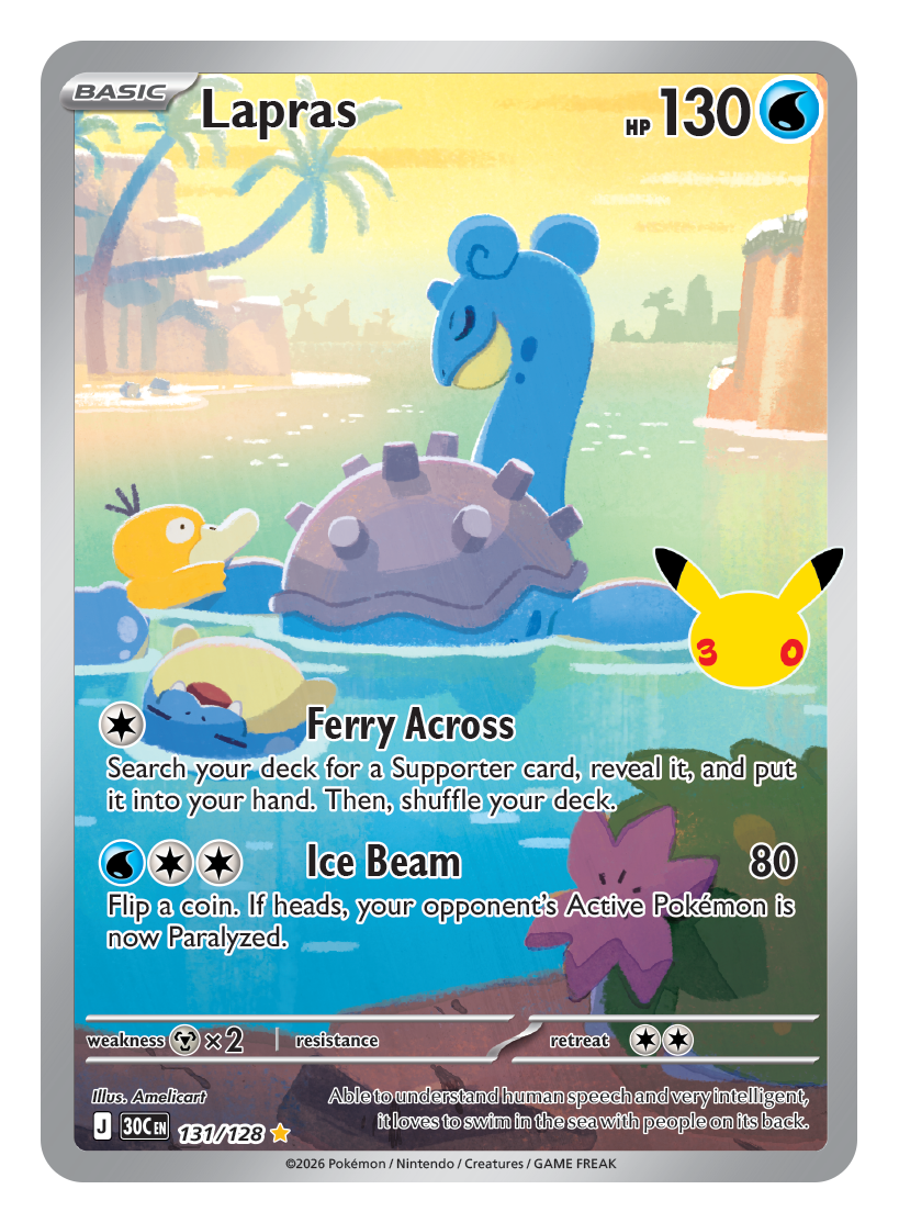 Pokémon TCG 30th Celebration Lapras card artwork shown with Pokémon TCG 30th Celebration 5 Booster Tin