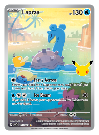 Pokémon TCG 30th Celebration Lapras card artwork shown with Pokémon TCG 30th Celebration 5 Booster Tin