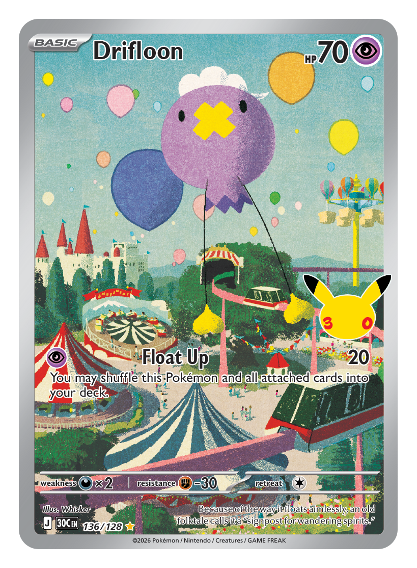 Pokémon TCG 30th Celebration Drifloon card artwork shown with Pokémon TCG 30th Celebration 5 Booster Tin