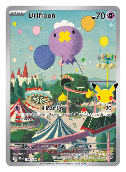 Pokémon TCG 30th Celebration Drifloon card artwork shown with Pokémon TCG 30th Celebration 5 Booster Tin