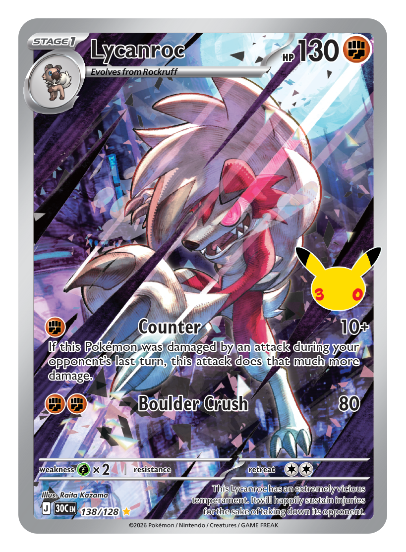 Pokémon TCG 30th Celebration Lycanroc card artwork shown with Pokémon TCG 30th Celebration 5 Booster Tin
