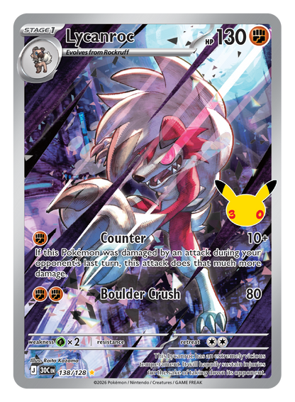 Pokémon TCG 30th Celebration Lycanroc card artwork shown with Pokémon TCG 30th Celebration 5 Booster Tin