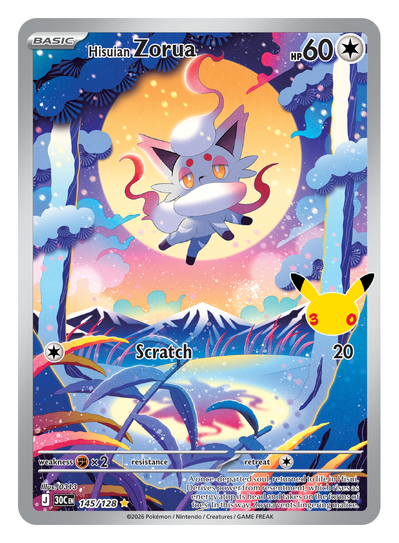 Pokémon TCG 30th Celebration Hisuian Zorua card artwork shown with Pokémon TCG 30th Celebration 5 Booster Tin